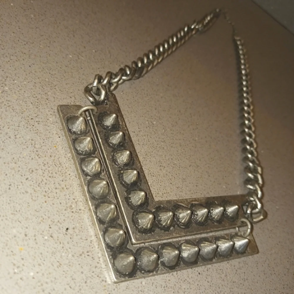 Silver Chain Necklace with Studded V Pendant